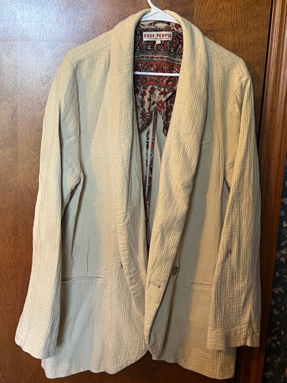 Free People Rowan Blazer in Ecru/Cream Textured Shawl-Collar with Paisley Lining